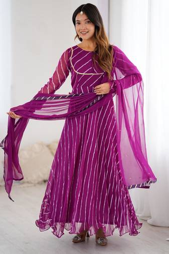 Purple leheriya anarkali kurta with dupatta