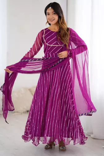 Purple leheriya anarkali kurta with dupatta