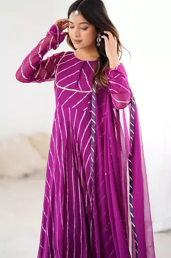 Purple leheriya anarkali kurta with dupatta