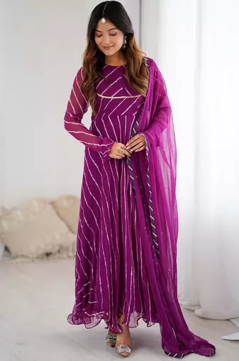 Purple leheriya anarkali kurta with dupatta