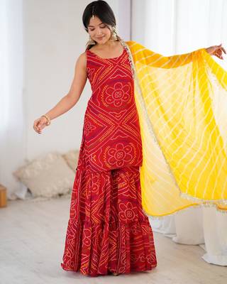 Red bandhej kurta sharara set with dupatta 1
