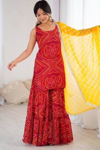 Red bandhej kurta sharara set with dupatta