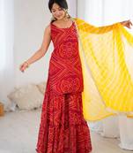 Red bandhej kurta sharara set with dupatta