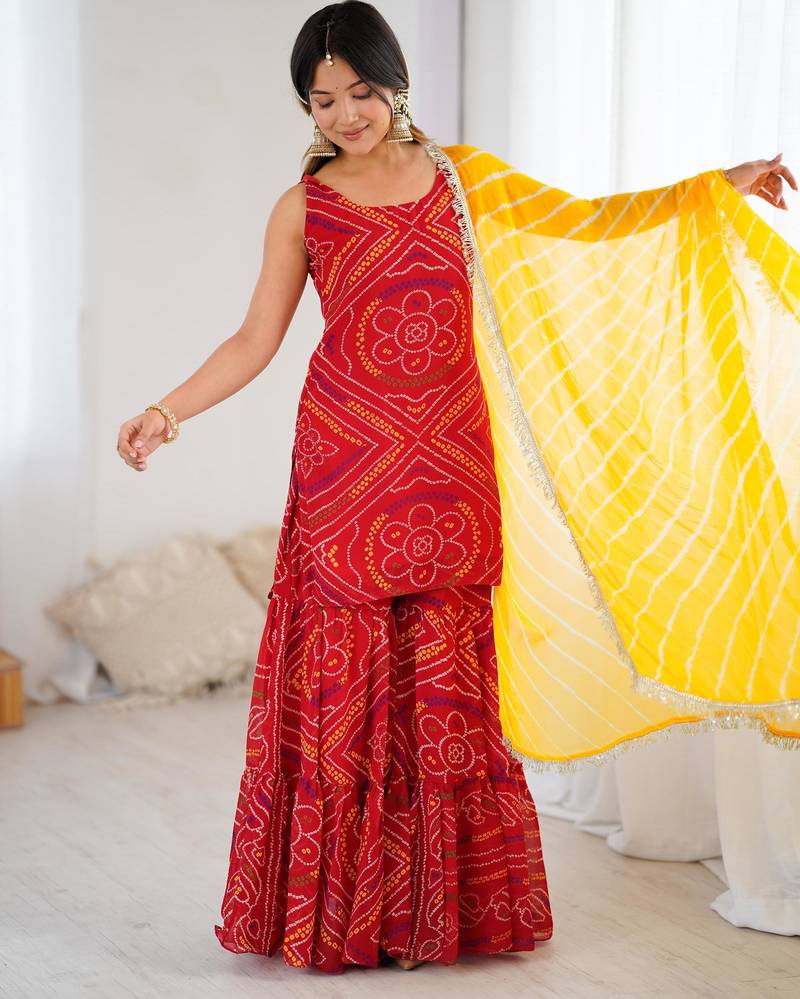 Red bandhej kurta sharara set with dupatta