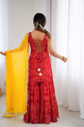 Red bandhej kurta sharara set with dupatta