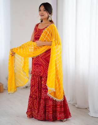 Red bandhej kurta sharara set with dupatta 3