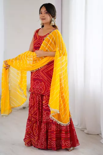 Red bandhej kurta sharara set with dupatta