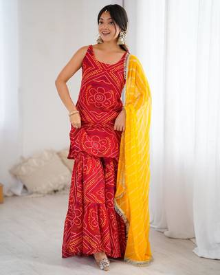Red bandhej kurta sharara set with dupatta 4