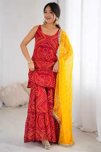 Red bandhej kurta sharara set with dupatta