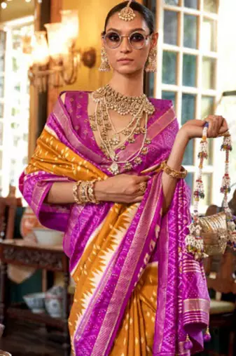 Mustard silk blend printed saree with unstitched blouse