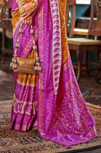 Mustard silk blend printed saree with unstitched blouse