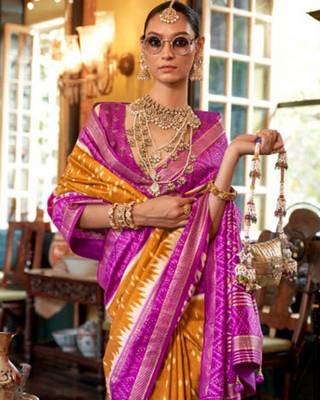 Mustard silk blend printed saree with unstitched blouse 4