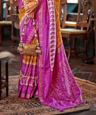 Mustard silk blend printed saree with unstitched blouse 6