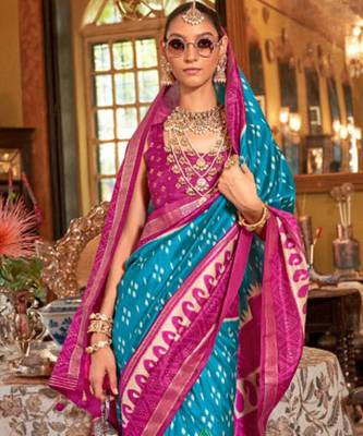 Blue silk blend printed saree with unstitched blouse 2