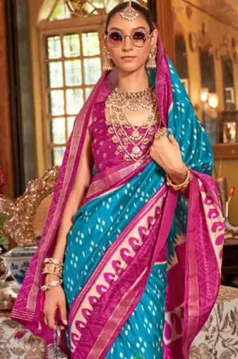 Blue silk blend printed saree with unstitched blouse