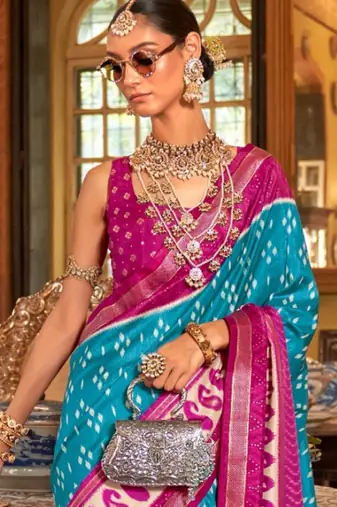 Blue silk blend printed saree with unstitched blouse
