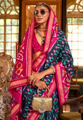 Navy blue silk blend printed saree with unstitched blouse 2