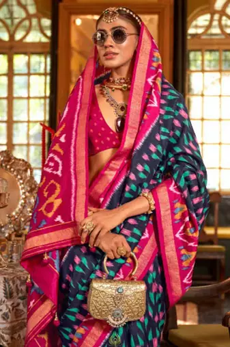 Navy blue silk blend printed saree with unstitched blouse