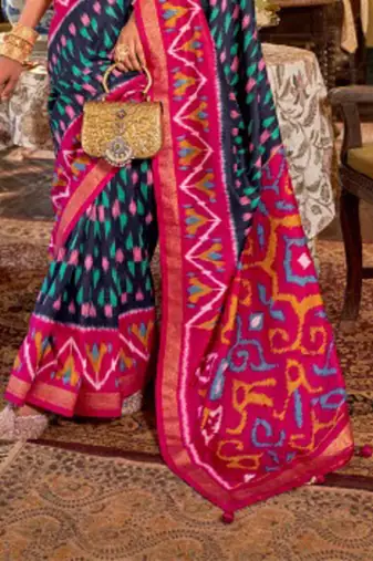 Navy blue silk blend printed saree with unstitched blouse