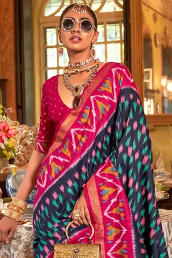 Navy blue silk blend printed saree with unstitched blouse