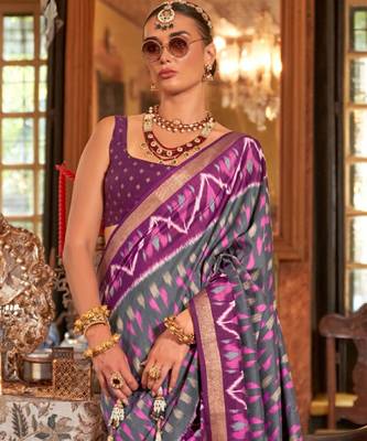 Purple silk blend printed saree with unstitched blouse 2