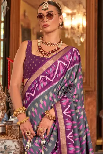 Purple silk blend printed saree with unstitched blouse