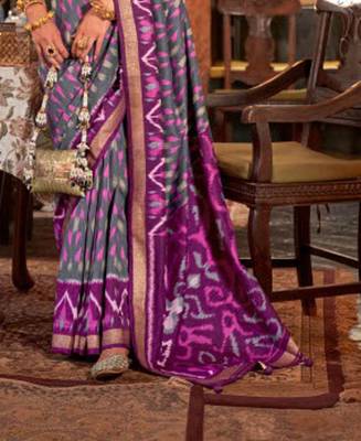 Purple silk blend printed saree with unstitched blouse 3