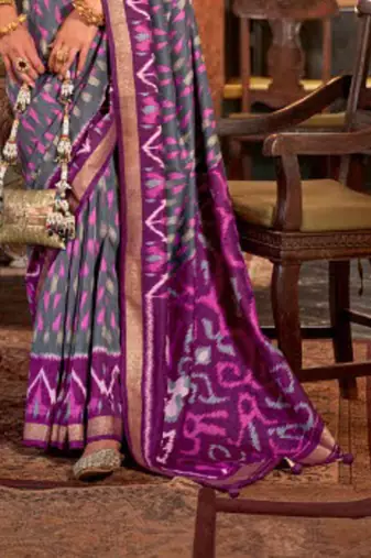 Purple silk blend printed saree with unstitched blouse
