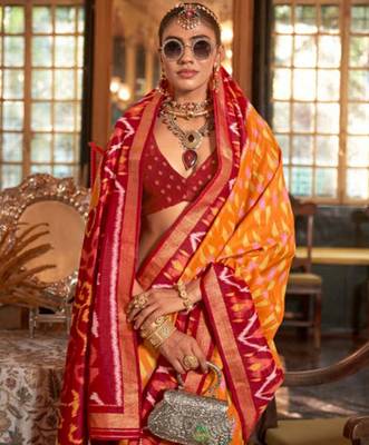 Orange silk blend printed saree with unstitched blouse 2