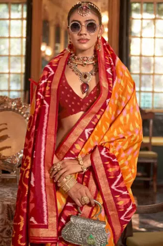 Orange silk blend printed saree with unstitched blouse