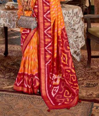 Orange silk blend printed saree with unstitched blouse 3