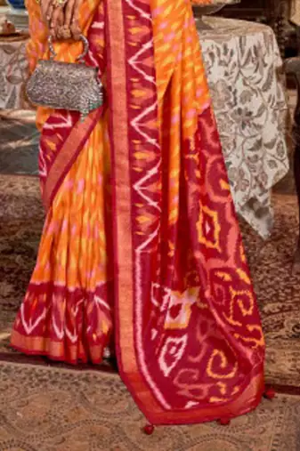 Orange silk blend printed saree with unstitched blouse