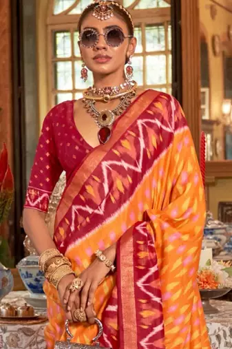 Orange silk blend printed saree with unstitched blouse