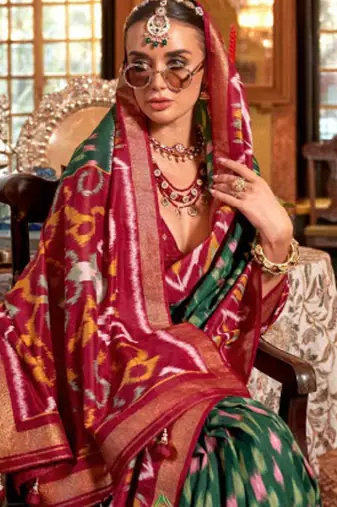 Dark green silk blend printed saree with unstitched blouse