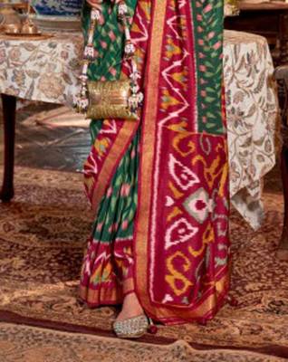 Dark green silk blend printed saree with unstitched blouse 3