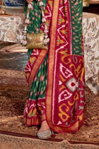 Dark green silk blend printed saree with unstitched blouse