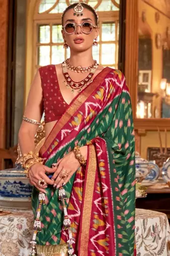 Dark green silk blend printed saree with unstitched blouse