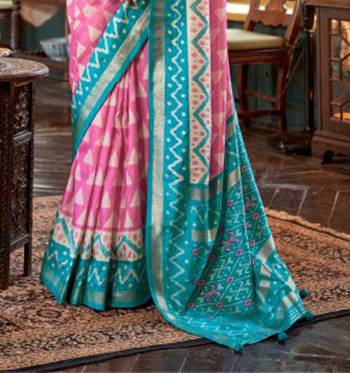 Pink silk blend printed saree with unstitched blouse 3