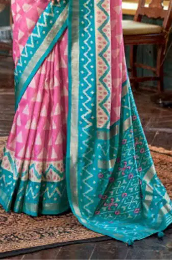 Pink silk blend printed saree with unstitched blouse