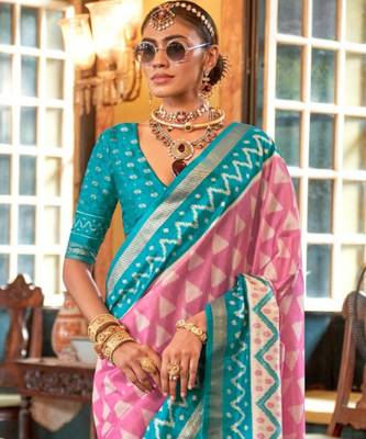 Pink silk blend printed saree with unstitched blouse 4
