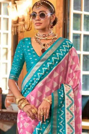 Pink silk blend printed saree with unstitched blouse