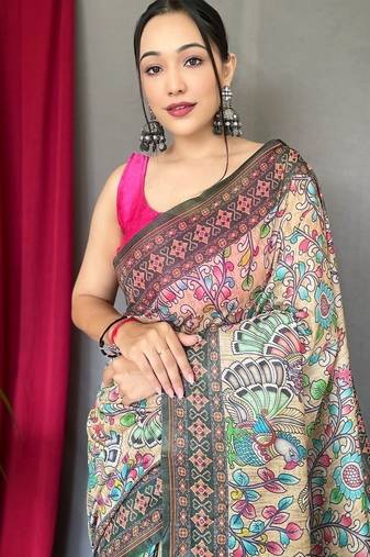 Multi Cotton Printed Kalamkari Pattern Saree