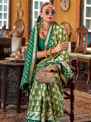 Parrot green silk blend printed saree with unstitched blouse 2