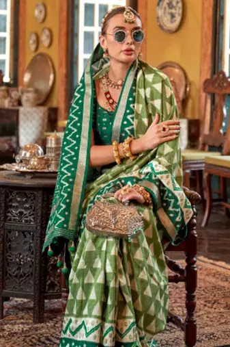 Parrot green silk blend printed saree with unstitched blouse