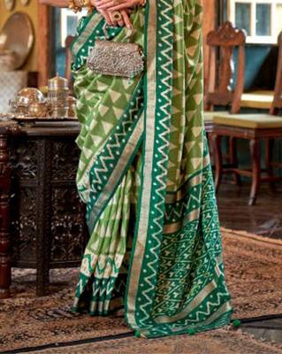 Parrot green silk blend printed saree with unstitched blouse 3