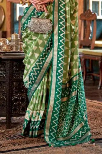 Parrot green silk blend printed saree with unstitched blouse