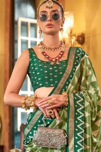 Parrot green silk blend printed saree with unstitched blouse