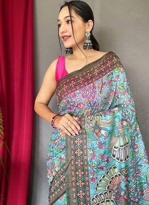 Light Blue Cotton Printed Kalamkari Pattern Saree 1