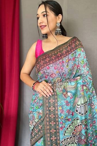 Light Blue Cotton Printed Kalamkari Pattern Saree