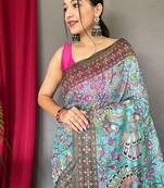 Light Blue Cotton Printed Kalamkari Pattern Saree